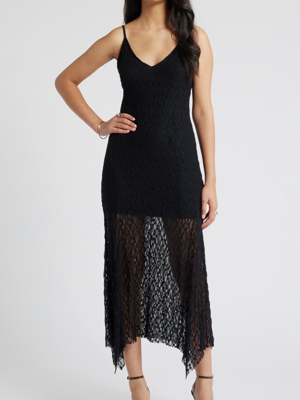 Open Edit Black Lace Midi Slip Dress with V-Neck and Spaghetti Straps